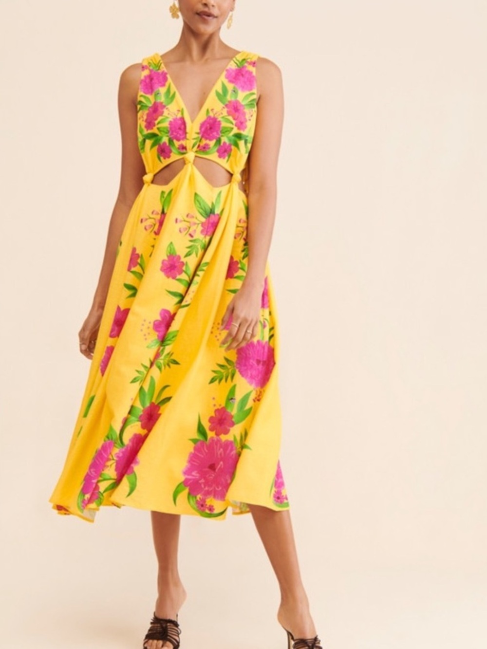 FARM Rio romantic garden Yellow Maxi Dress with Pink Floral Print S